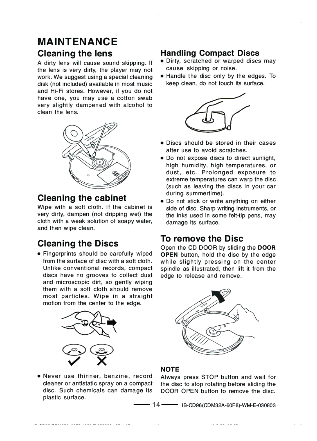 Lenoxx Electronics CD-96 Maintenance, Cleaning the lens, Cleaning the cabinet, Cleaning the Discs, To remove the Disc 