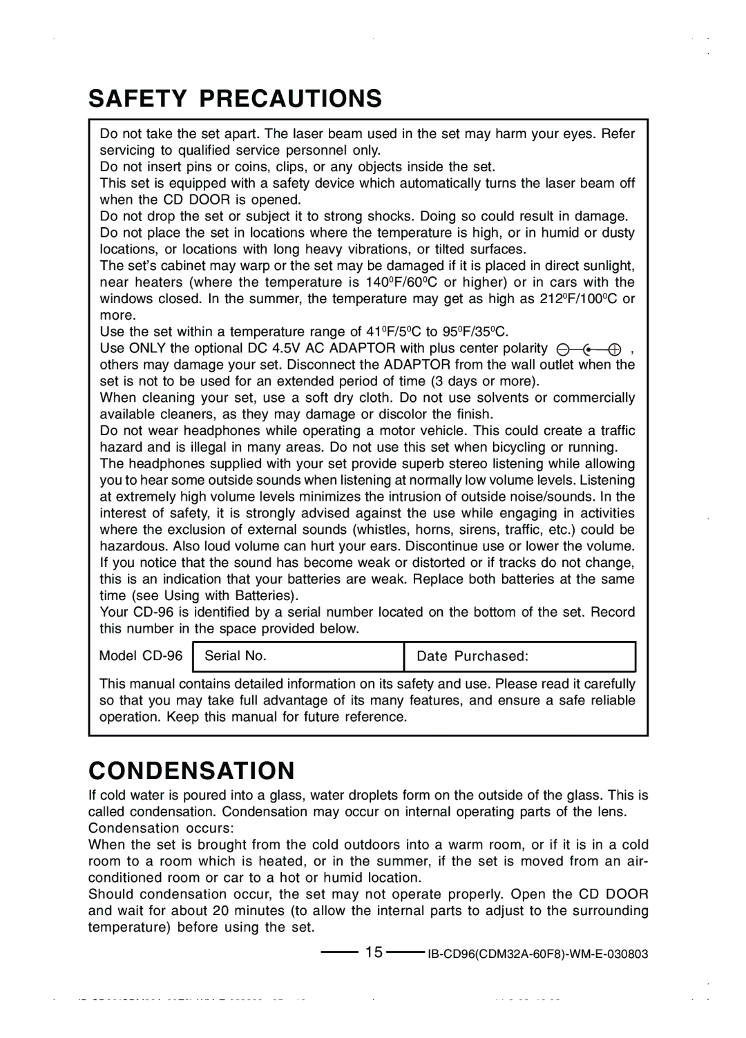 Lenoxx Electronics CD-96 manual Safety Precautions, Condensation 