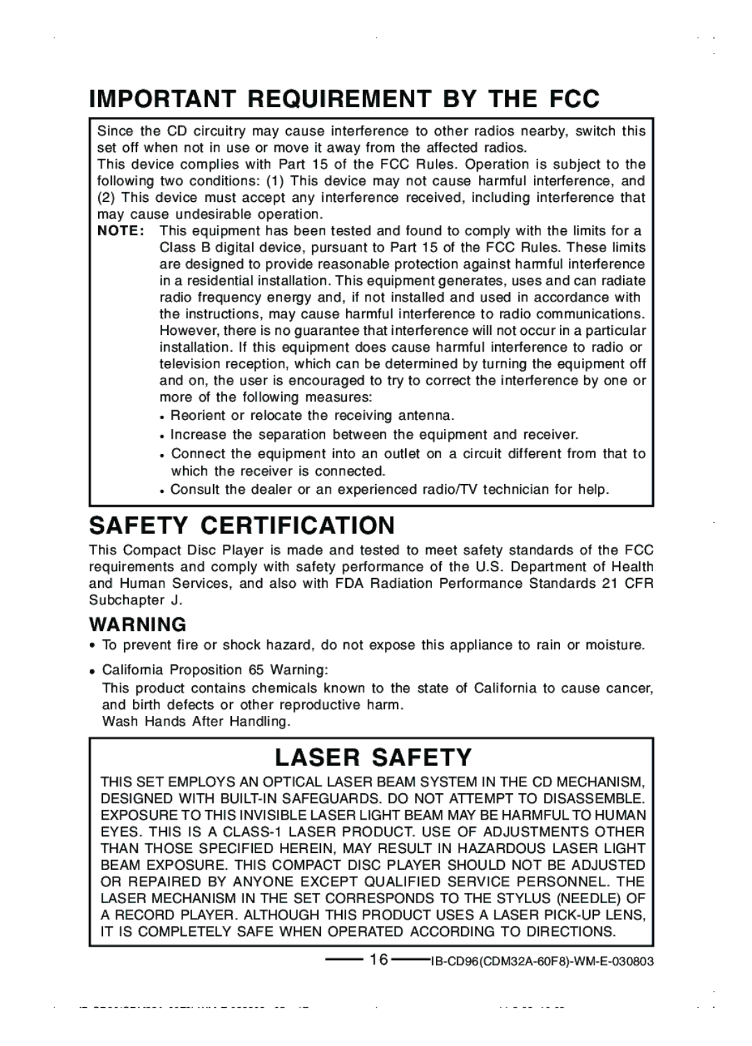 Lenoxx Electronics CD-96 manual Important Requirement by the FCC, Safety Certification, Laser Safety 