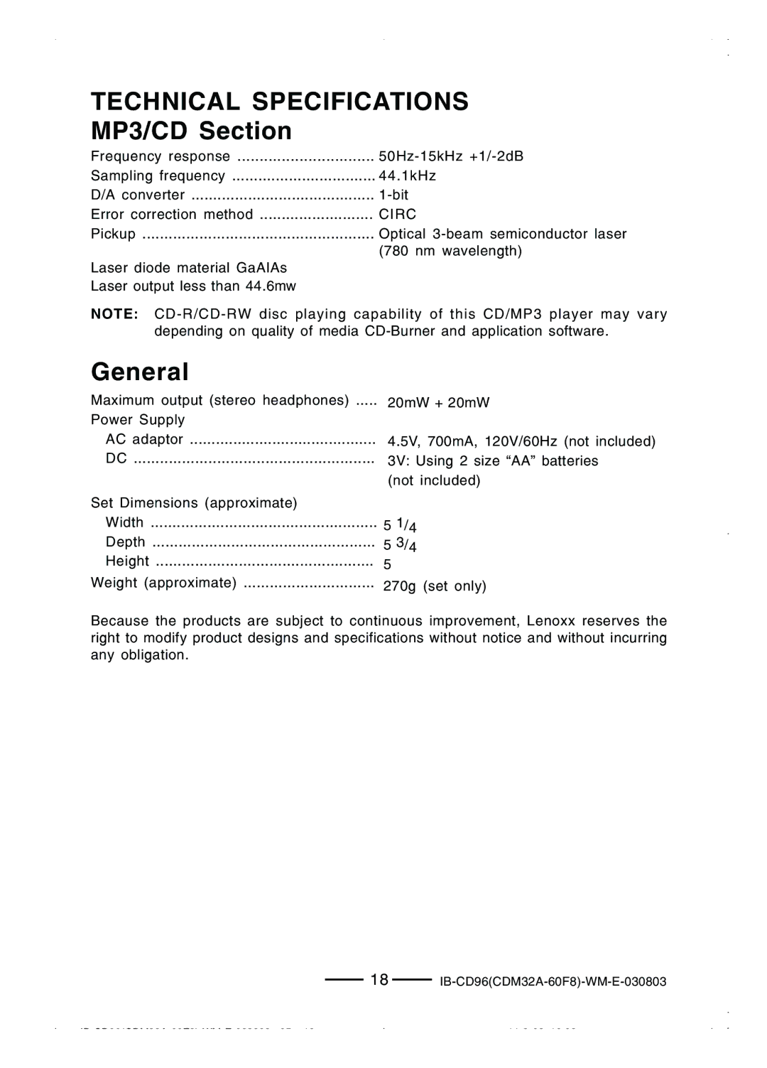 Lenoxx Electronics CD-96 manual Technical Specifications, MP3/CD Section, General 