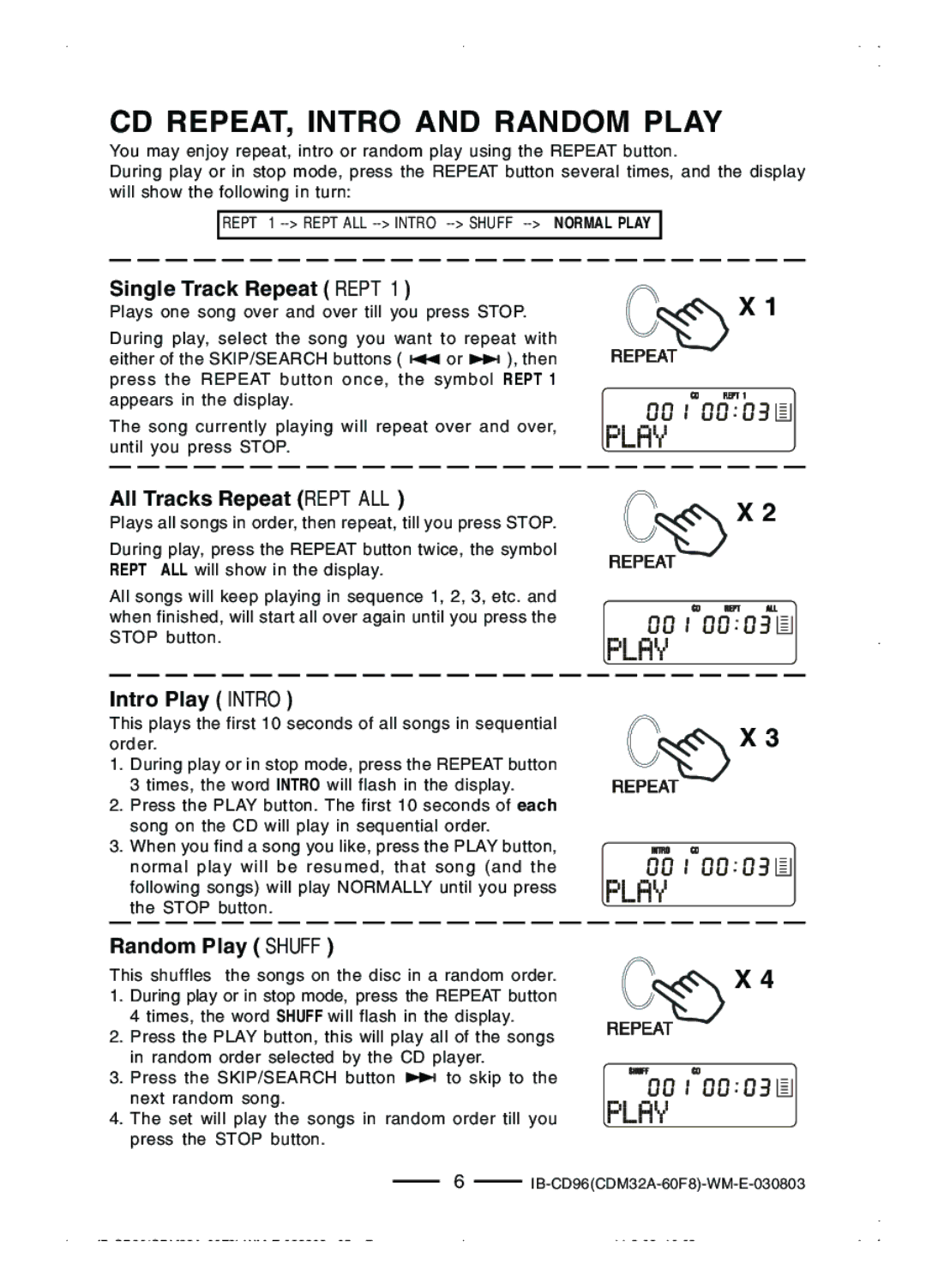 Lenoxx Electronics CD-96 manual CD REPEAT, Intro and Random Play, Single Track Repeat Rept 