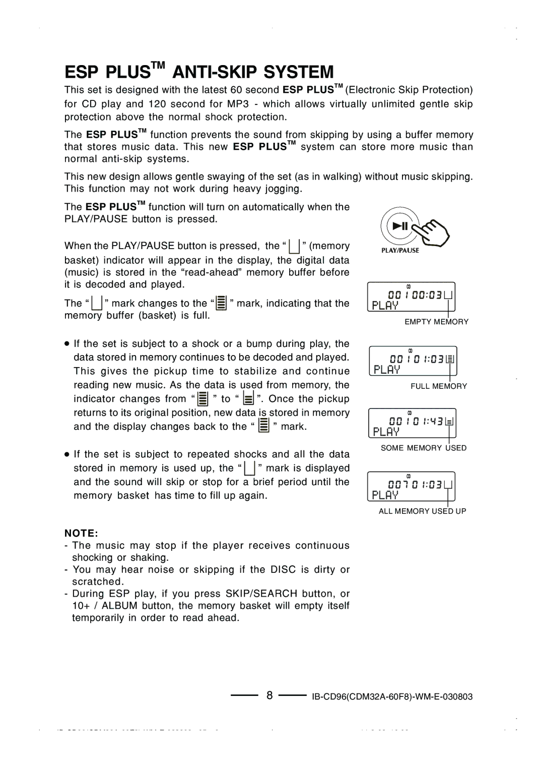 Lenoxx Electronics CD-96 manual ESP Plustm ANTI-SKIP System 