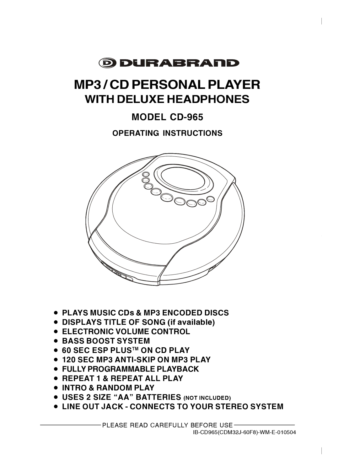 Lenoxx Electronics CD-965 operating instructions MP3 / CD Personal Player, With Deluxe Headphones 