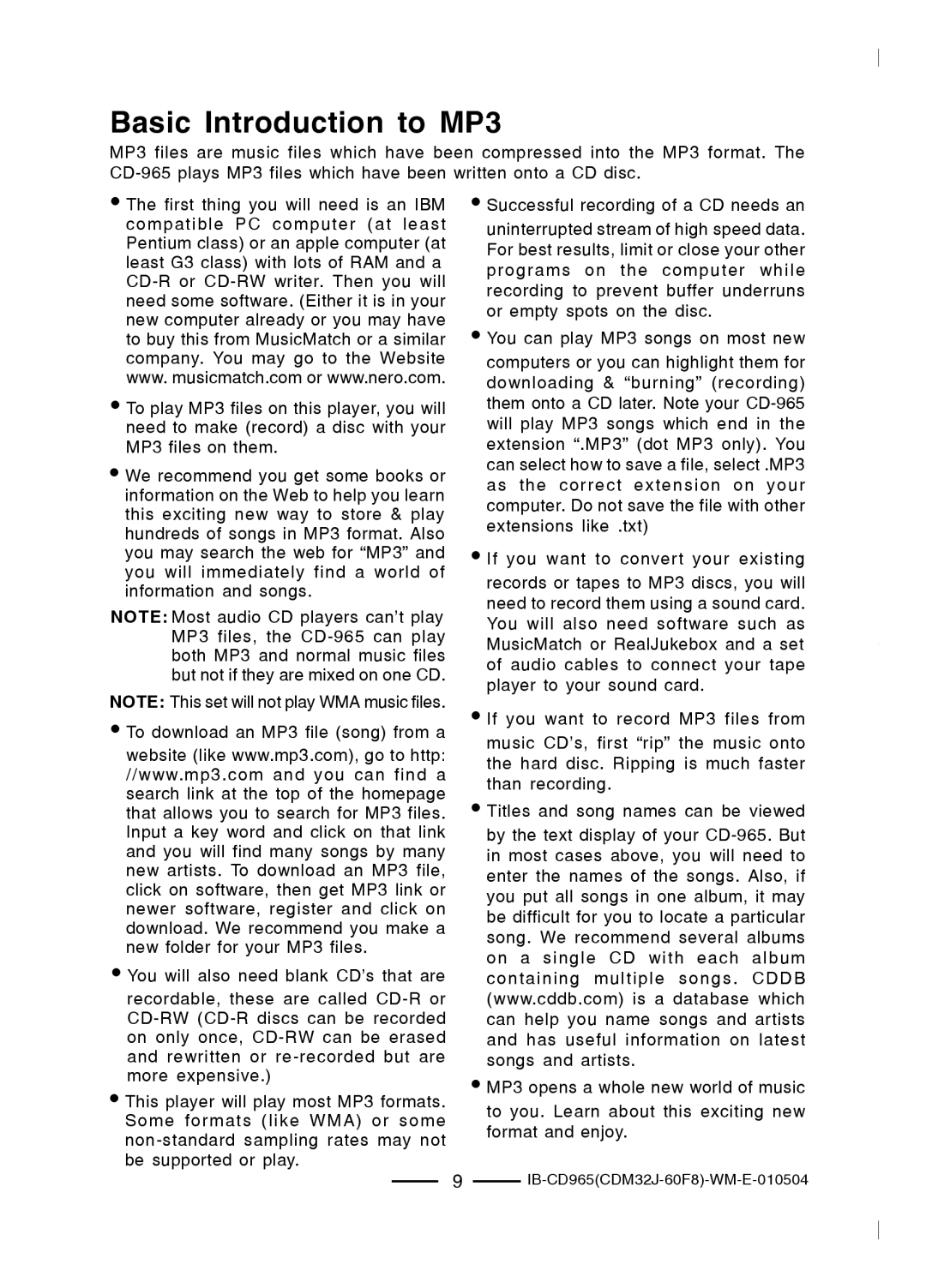 Lenoxx Electronics CD-965 operating instructions Basic Introduction to MP3 