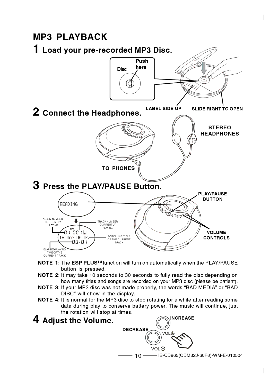 Lenoxx Electronics CD-965 operating instructions MP3 Playback, Load your pre-recorded MP3 Disc 