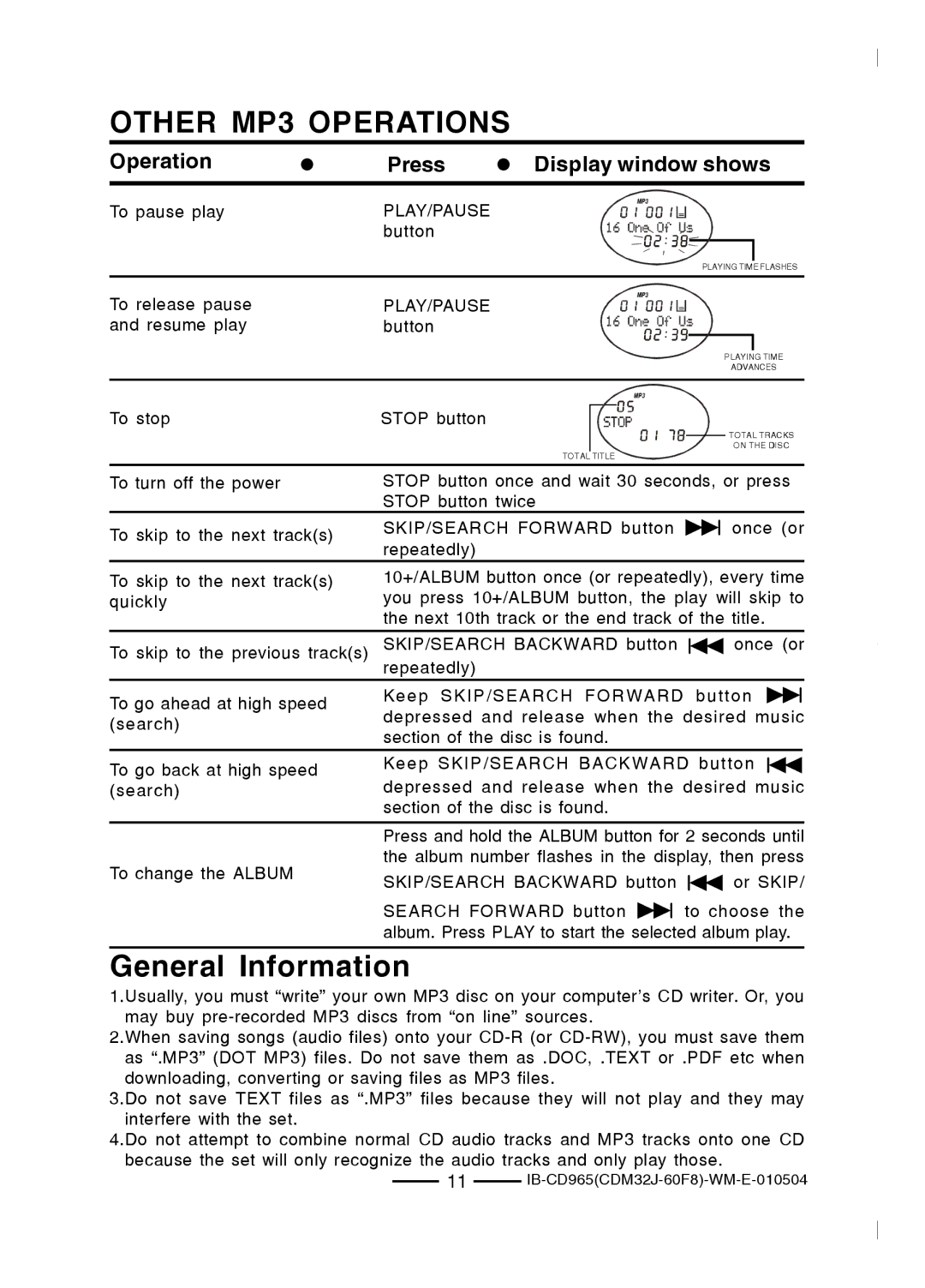 Lenoxx Electronics CD-965 operating instructions Other MP3 Operations, General Information 