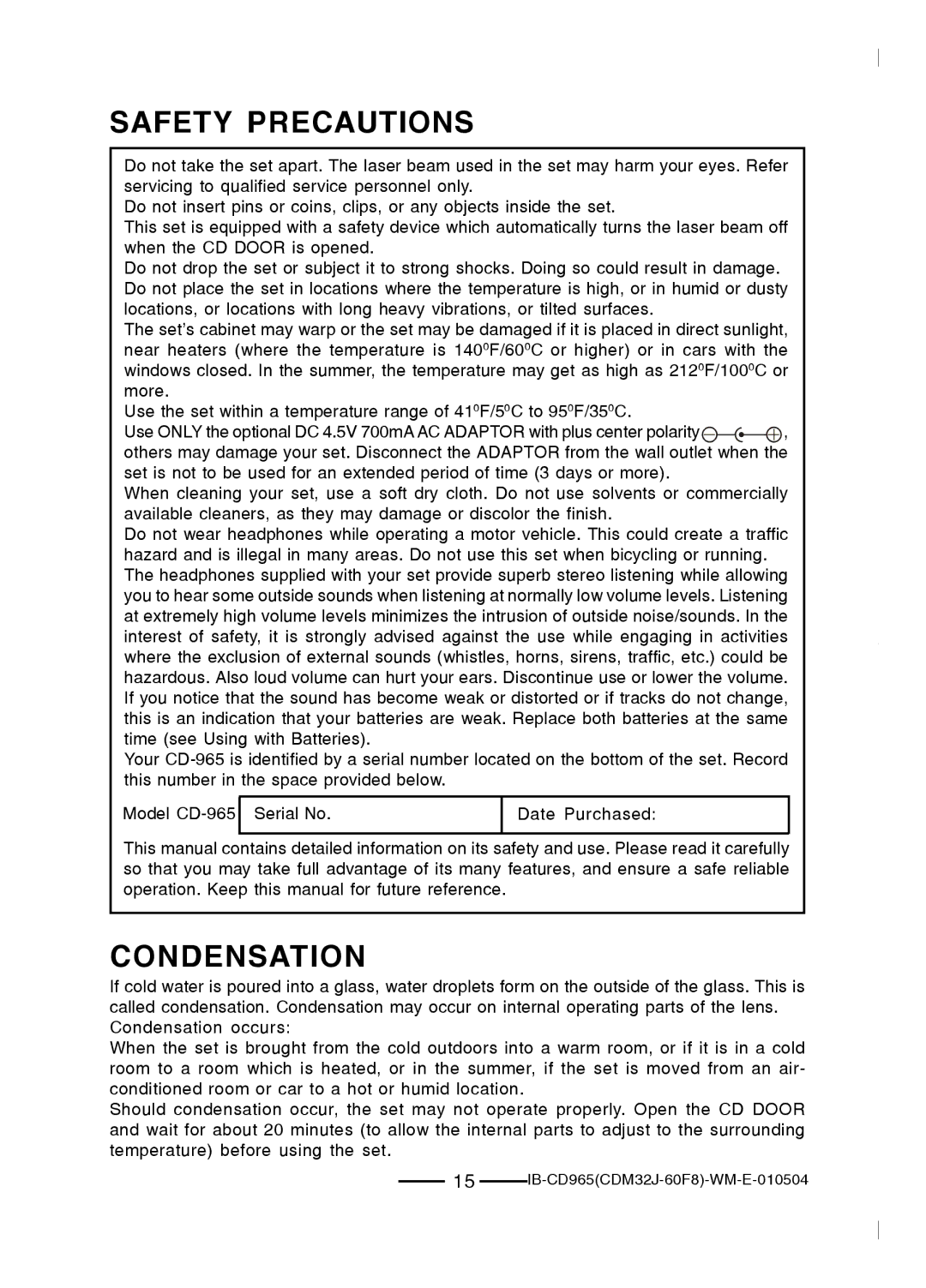 Lenoxx Electronics CD-965 operating instructions Safety Precautions, Condensation 