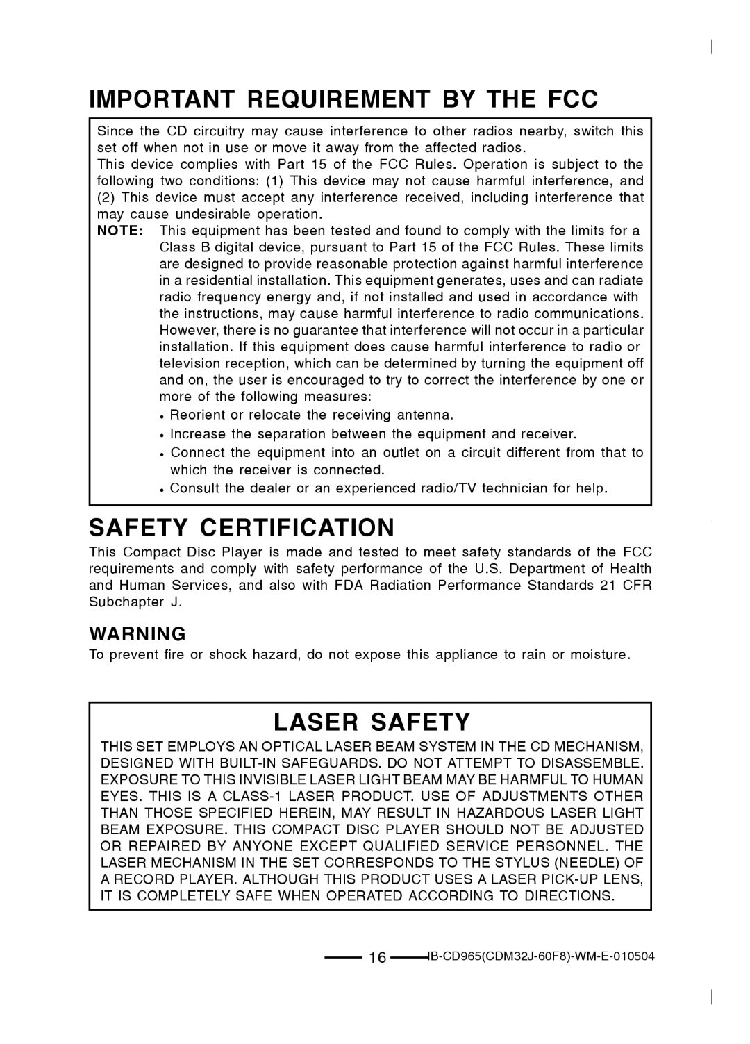 Lenoxx Electronics CD-965 operating instructions Important Requirement by the FCC, Safety Certification, Laser Safety 