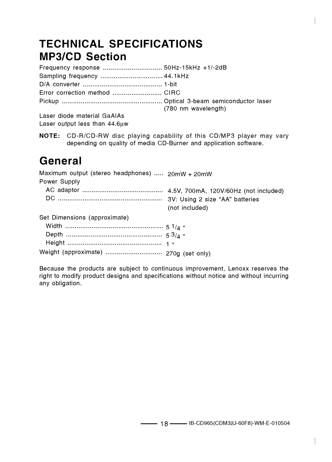 Lenoxx Electronics CD-965 operating instructions Technical Specifications, MP3/CD Section, General 