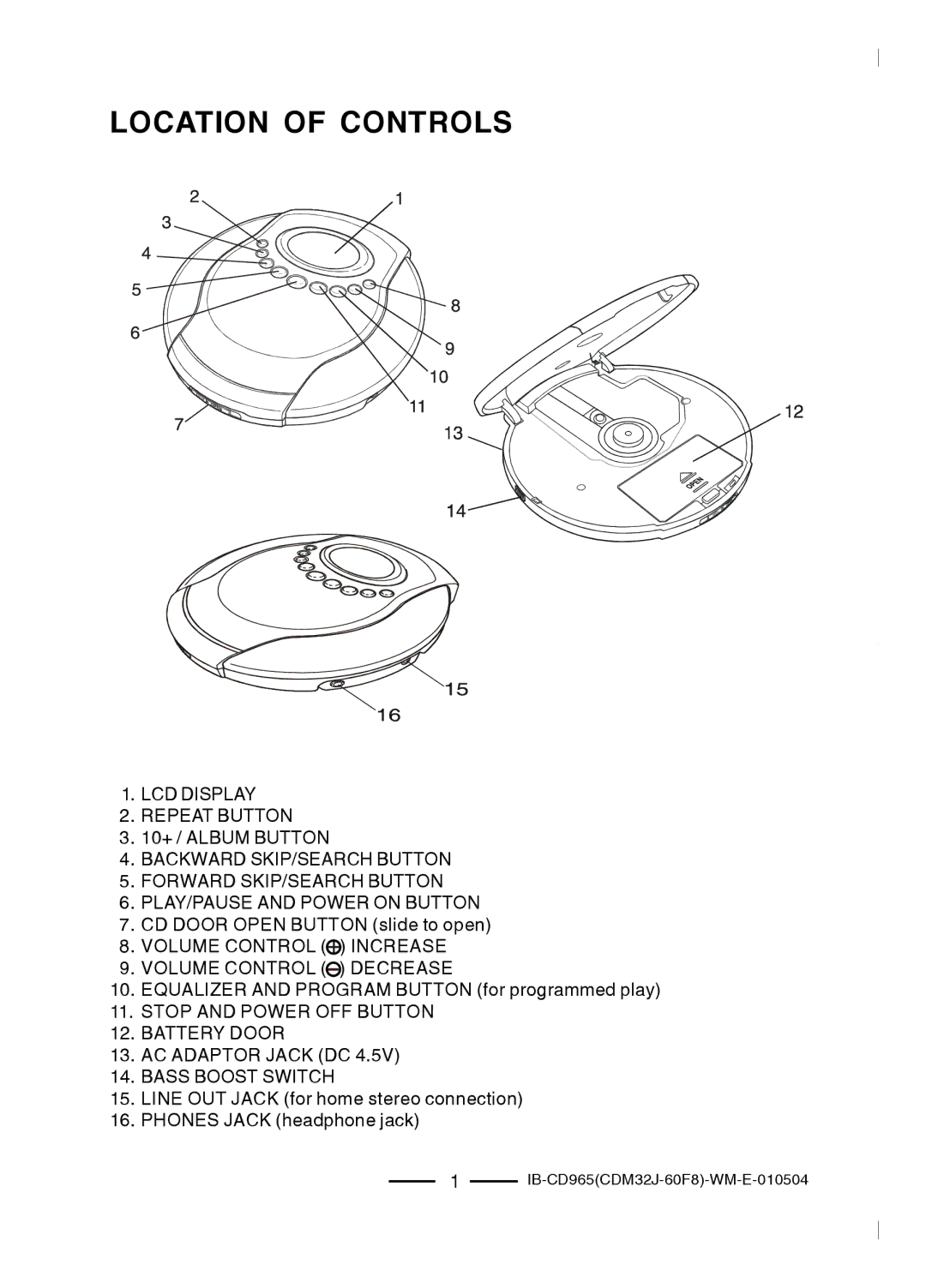 Lenoxx Electronics CD-965 operating instructions Location of Controls 