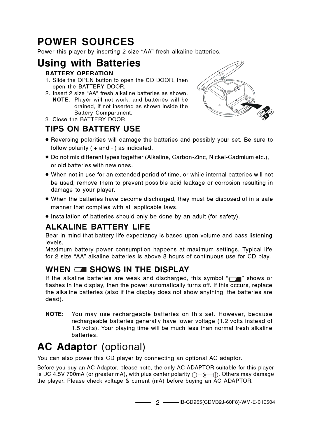 Lenoxx Electronics CD-965 operating instructions Power Sources, Using with Batteries, AC Adaptor optional 