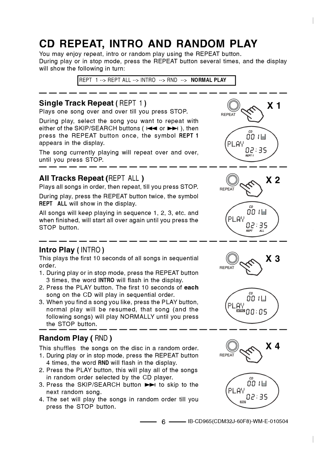 Lenoxx Electronics CD-965 operating instructions CD REPEAT, Intro and Random Play, Single Track Repeat Rept 