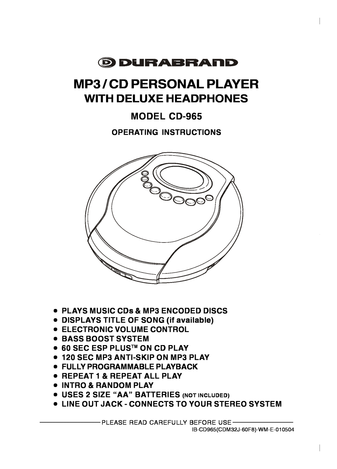 Lenoxx Electronics operating instructions With Deluxe Headphones, MODEL CD-965, MP3 / CD PERSONAL PLAYER 