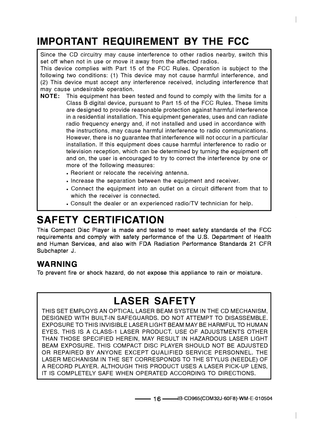 Lenoxx Electronics CD-965 operating instructions Important Requirement By The Fcc, Safety Certification, Laser Safety 