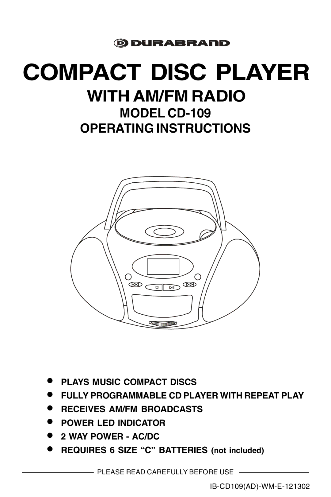 Lenoxx Electronics CD109 manual Model CD-109 Operating Instructions, Requires 6 Size C Batteries not included 