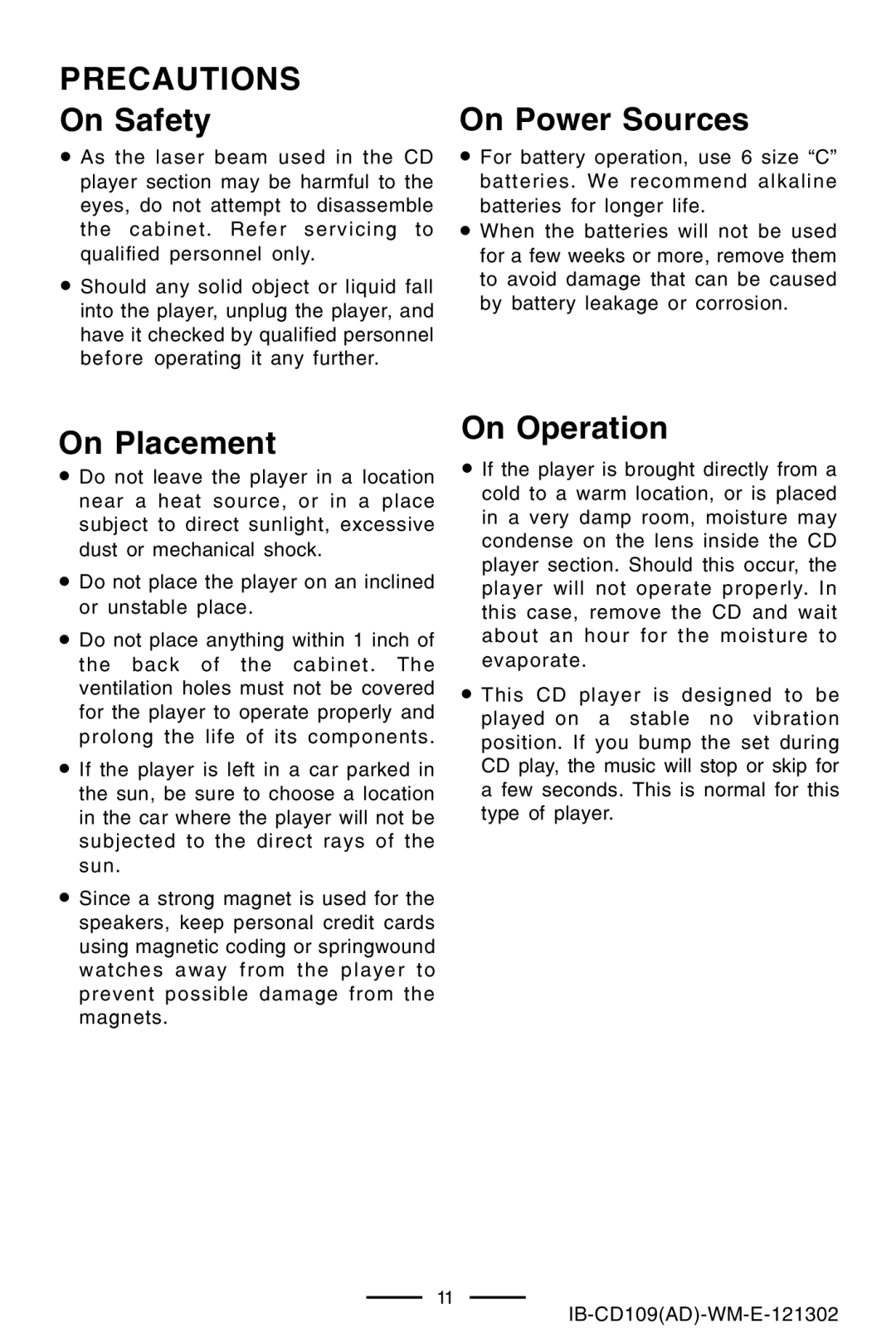 Lenoxx Electronics CD109 manual Precautions, On Safety, On Power Sources, On Placement, On Operation 