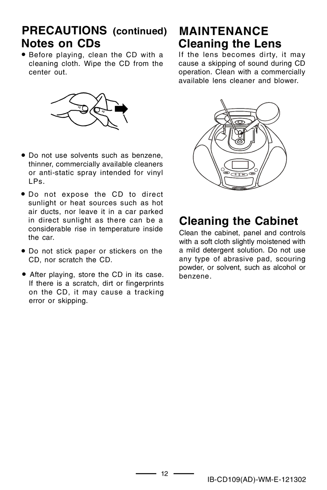 Lenoxx Electronics CD109 manual Precautions Notes on CDs, Maintenance Cleaning the Lens, Cleaning the Cabinet 