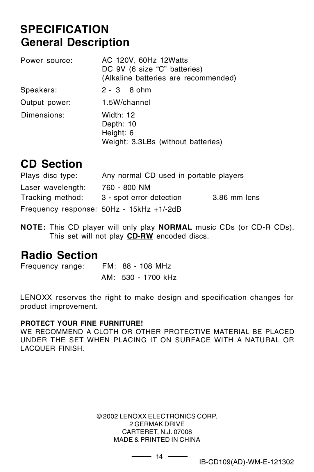 Lenoxx Electronics CD109 manual Specification, General Description, CD Section, Radio Section 