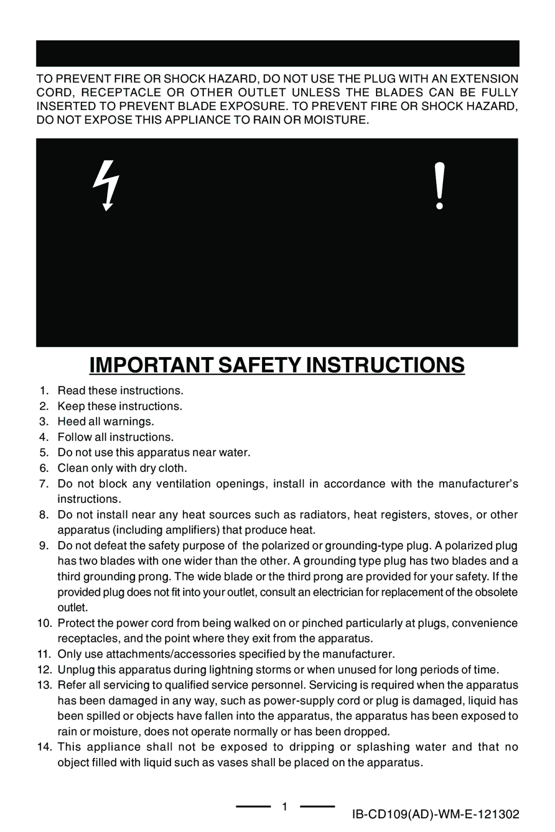 Lenoxx Electronics CD109 manual Important Safety Instructions, Do not Open 