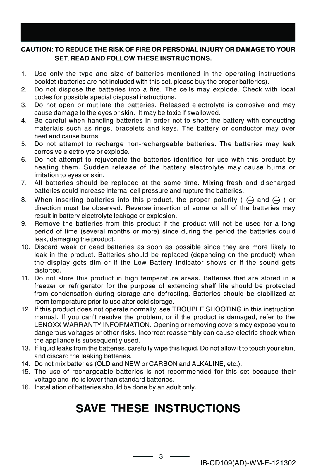 Lenoxx Electronics CD109 manual Battery Safety Instructions 