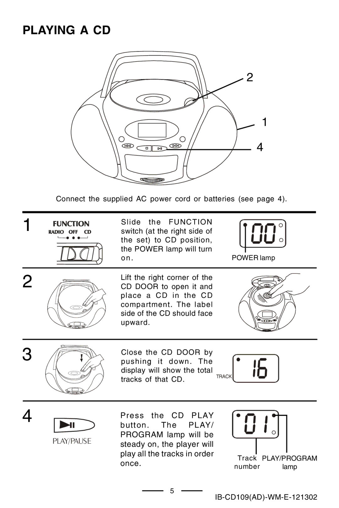 Lenoxx Electronics CD109 manual Playing a CD, Play/Pause 