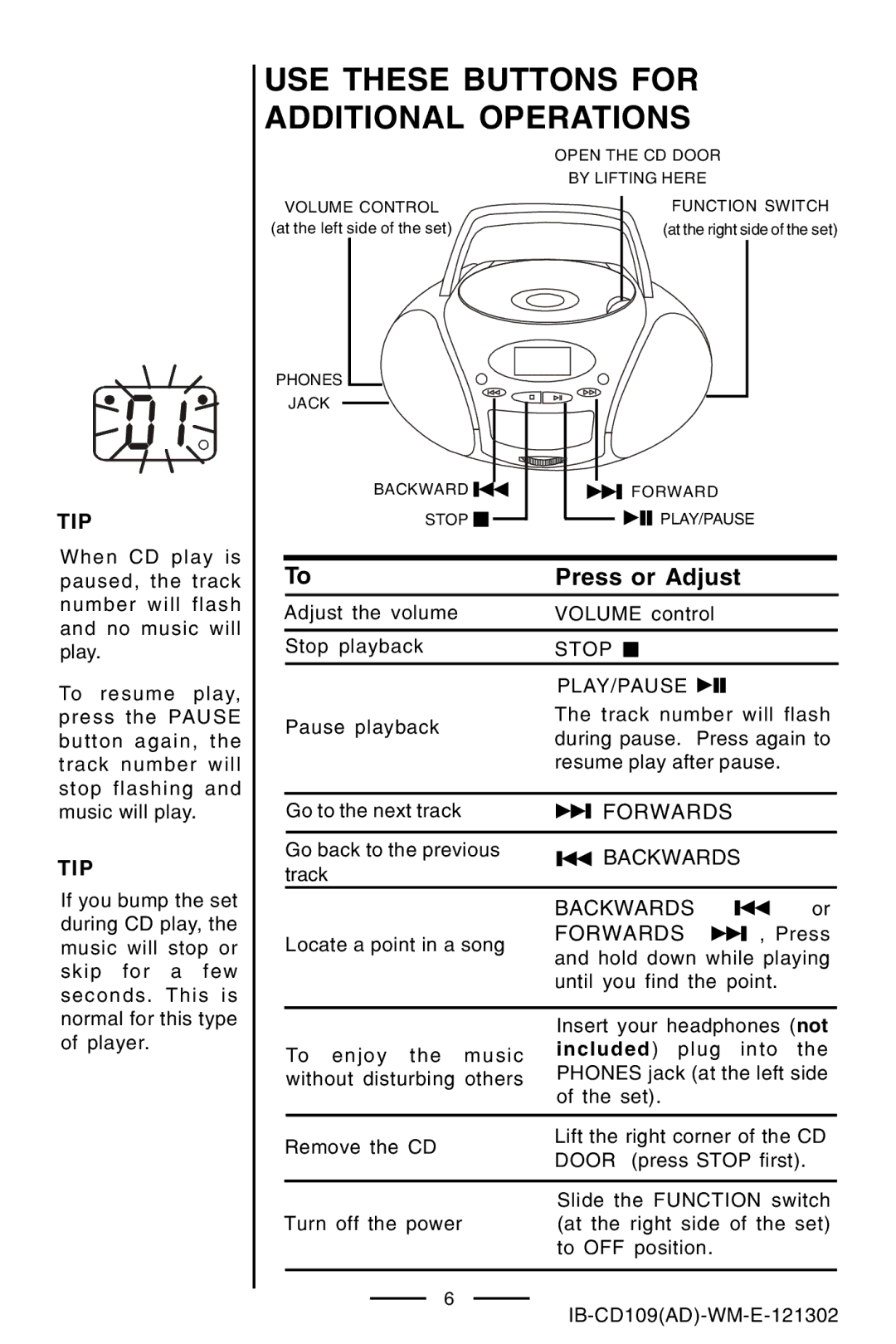 Lenoxx Electronics CD109 manual USE These Buttons for Additional Operations, Press or Adjust 