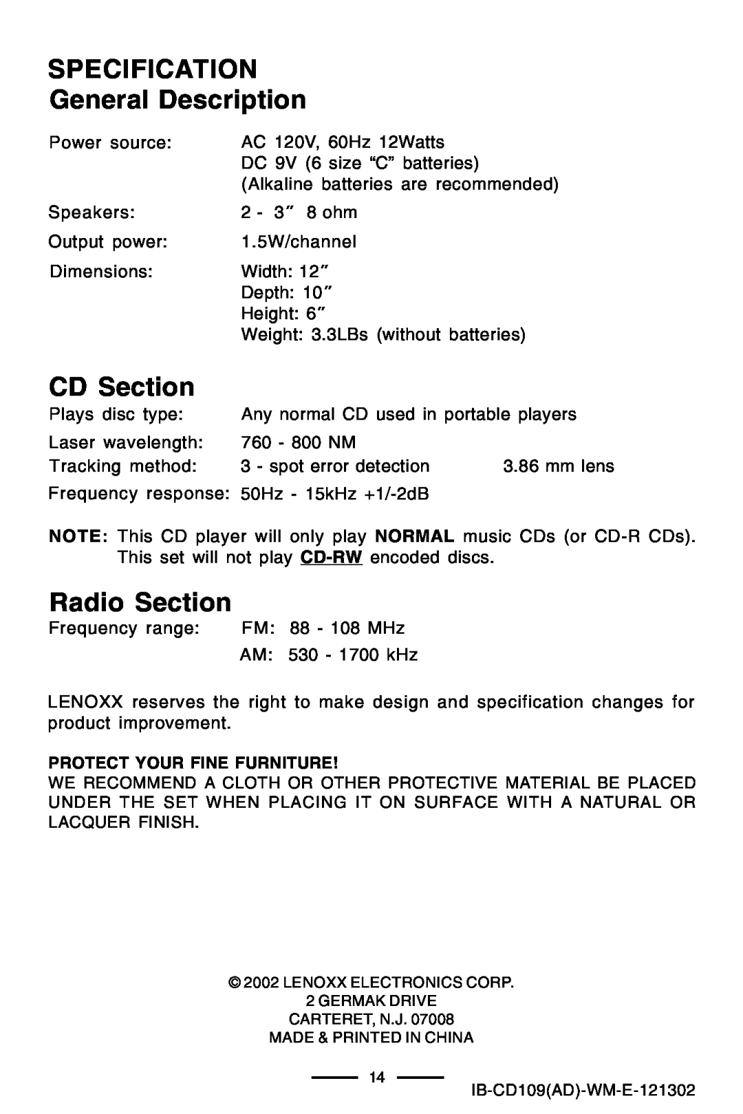 Lenoxx Electronics CD109 manual SPECIFICATION General Description, CD Section, Radio Section 