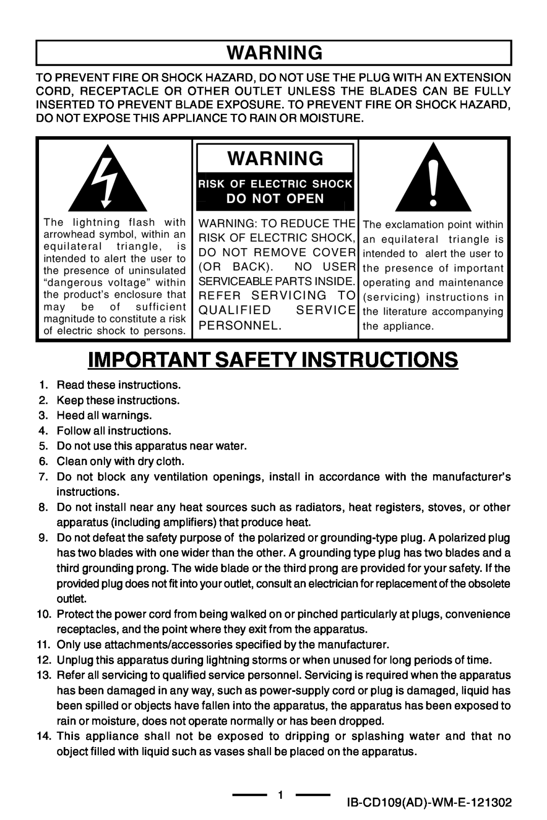 Lenoxx Electronics CD109 manual Important Safety Instructions, Do Not Open, Risk Of Electric Shock 