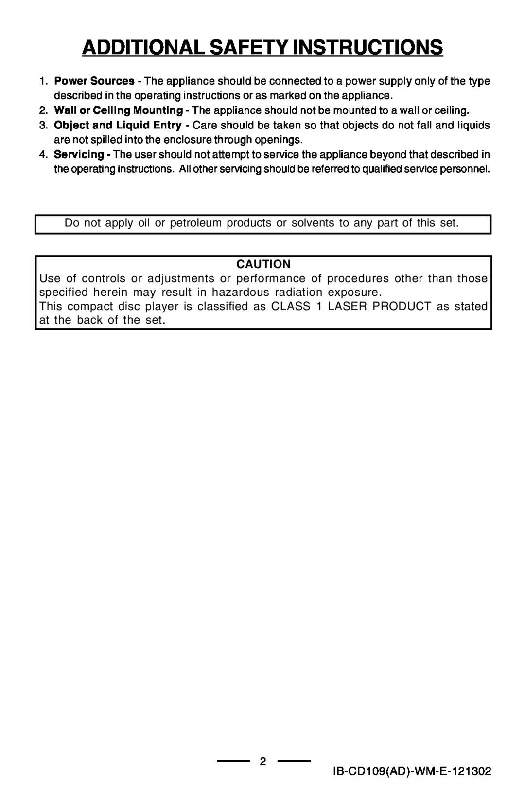Lenoxx Electronics CD109 manual Additional Safety Instructions 