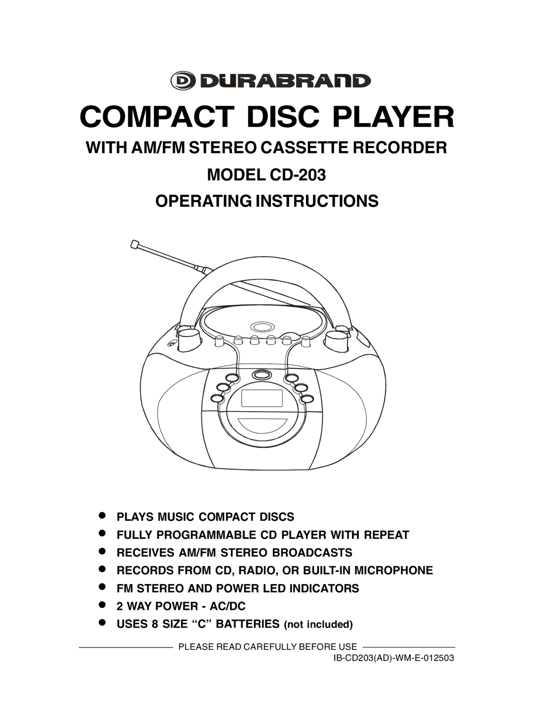 Lenoxx Electronics CD203 manual Compact Disc Player 