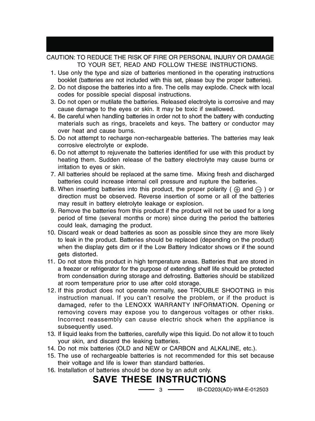 Lenoxx Electronics CD203 manual Battery Safety Instructions 