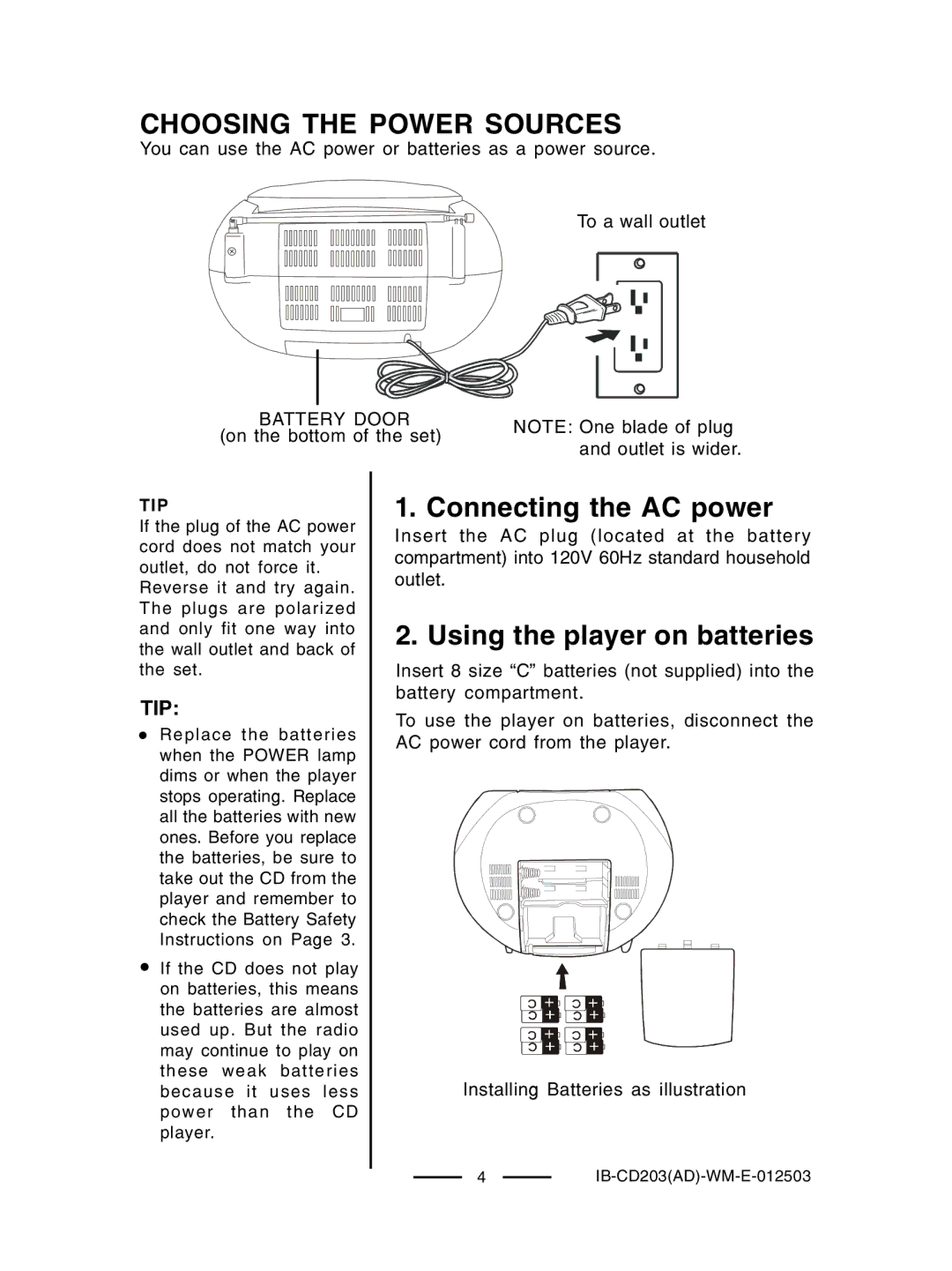 Lenoxx Electronics CD203 Choosing the Power Sources, Connecting the AC power, Using the player on batteries, Battery Door 