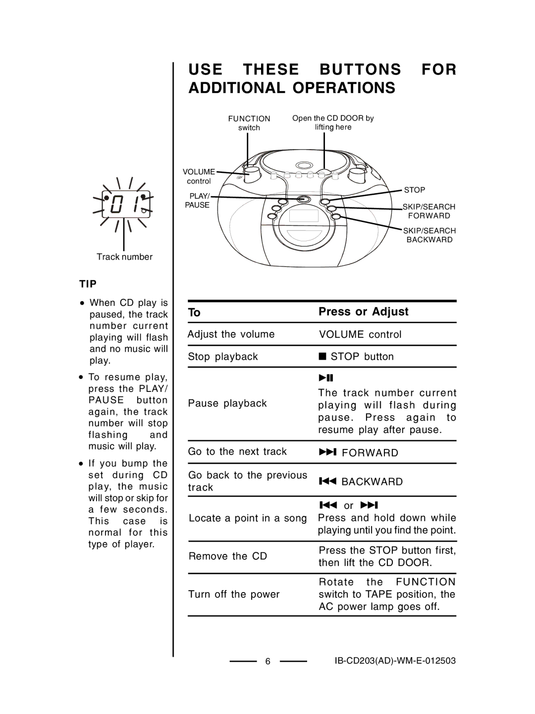 Lenoxx Electronics CD203 manual USE These Buttons for Additional Operations, Tip, Forward, Backward, Function 