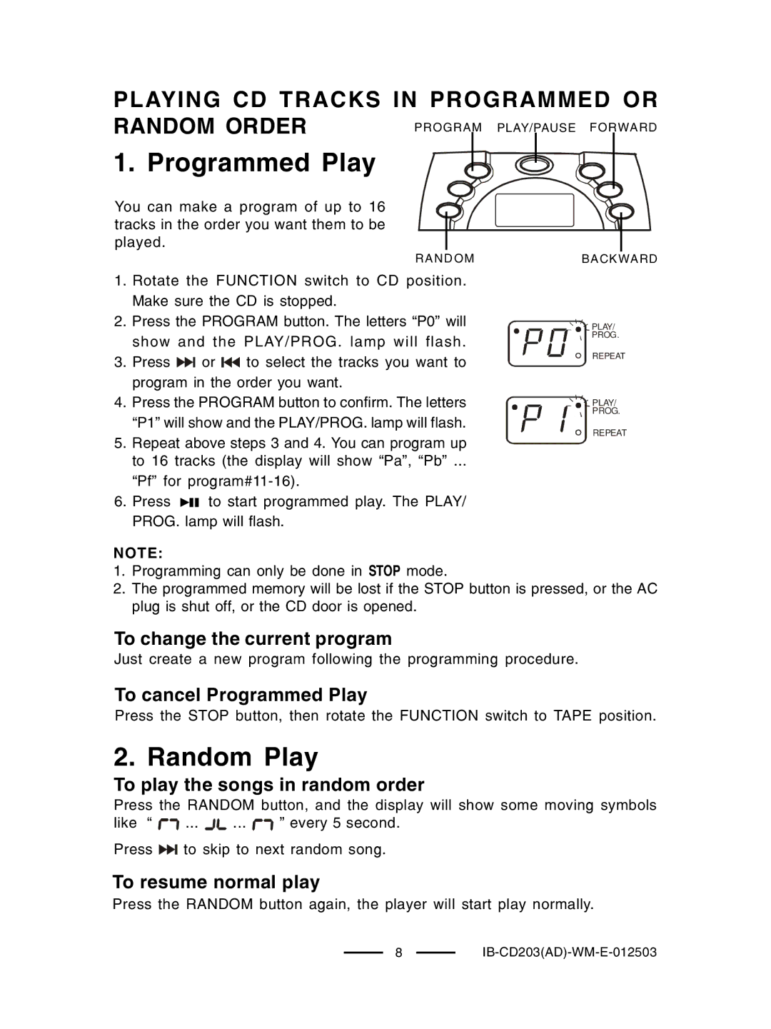 Lenoxx Electronics CD203 manual Programmed Play, Playing CD Tracks in Programmed or Random Order 