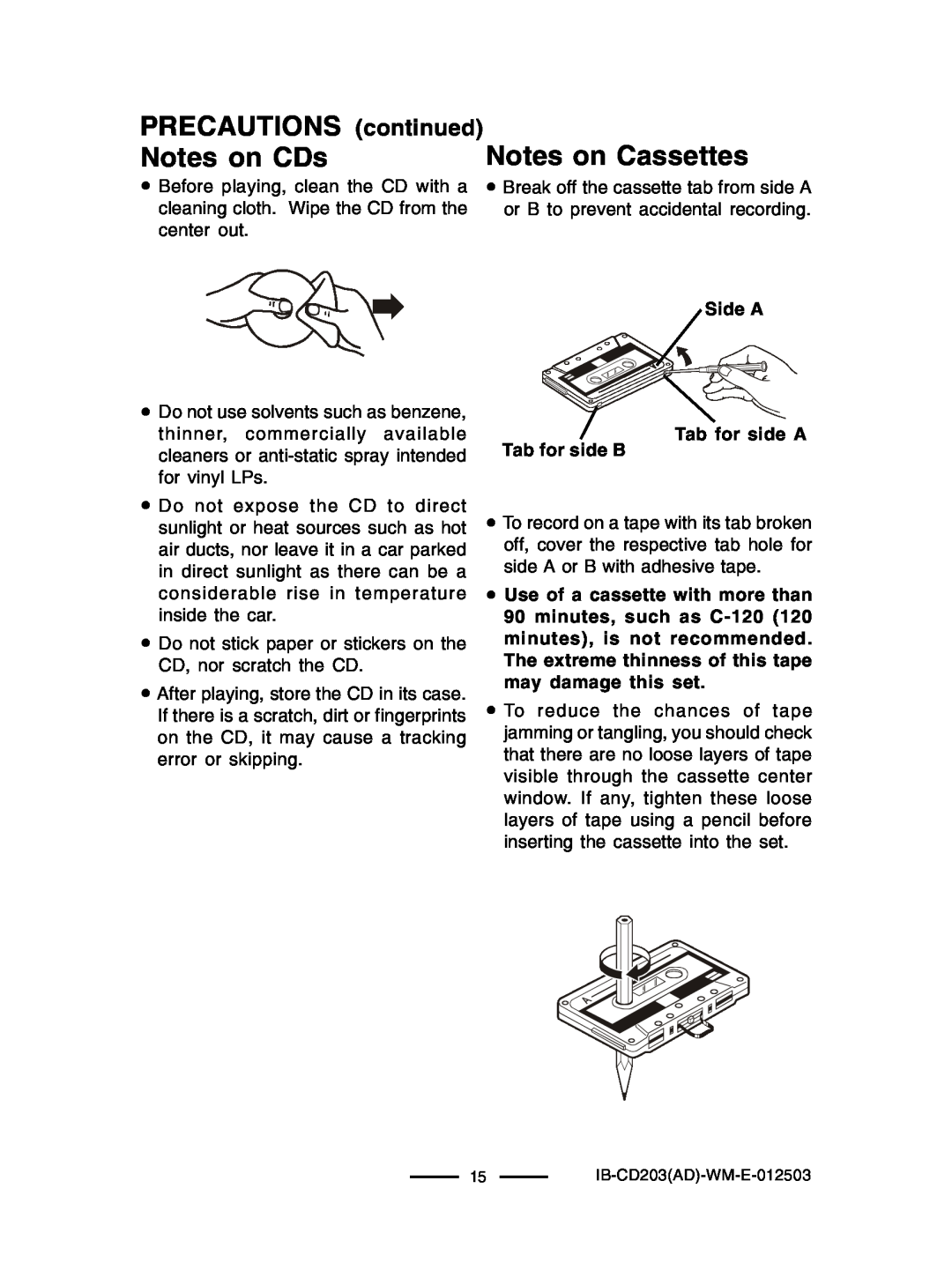 Lenoxx Electronics CD203 manual PRECAUTIONS continued Notes on CDs, Notes on Cassettes 