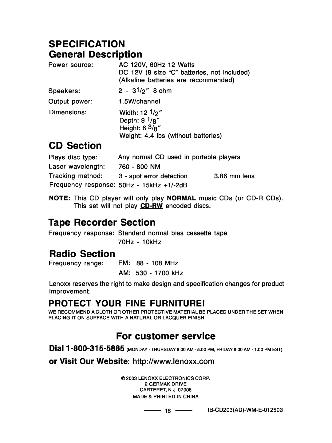 Lenoxx Electronics CD203 manual SPECIFICATION General Description, CD Section, Tape Recorder Section, Radio Section 