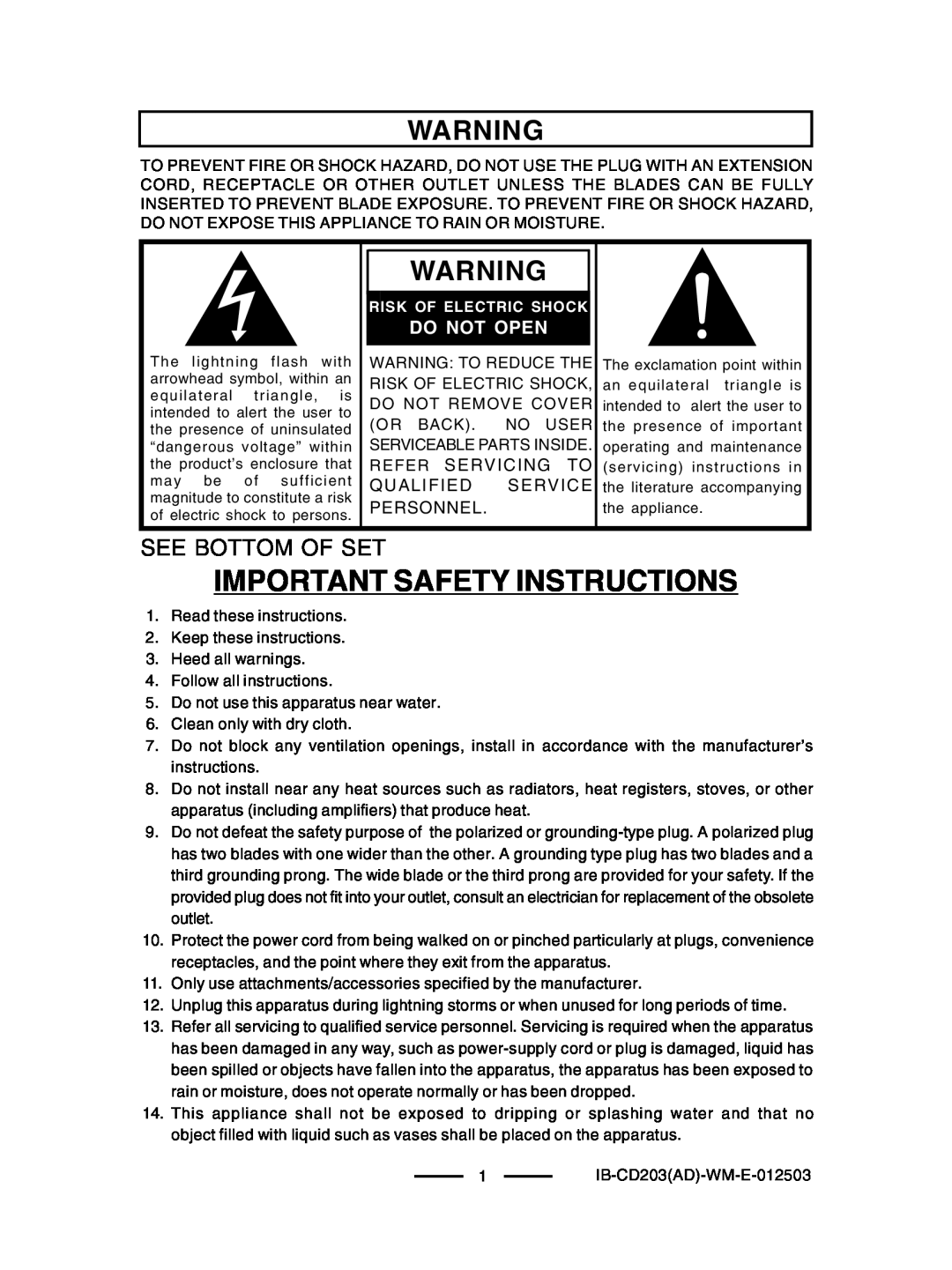 Lenoxx Electronics CD203 manual Important Safety Instructions, See Bottom Of Set, Do Not Open, Risk Of Electric Shock 