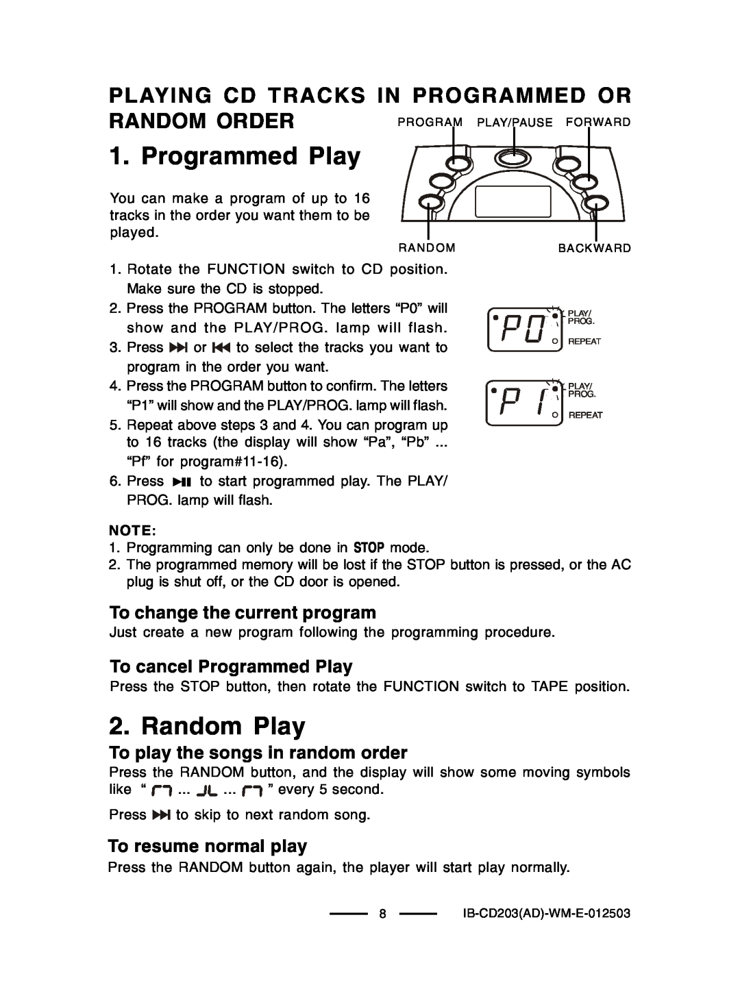 Lenoxx Electronics CD203 manual Programmed Play, Random Play, Playing Cd Tracks In Programmed Or Random Order 