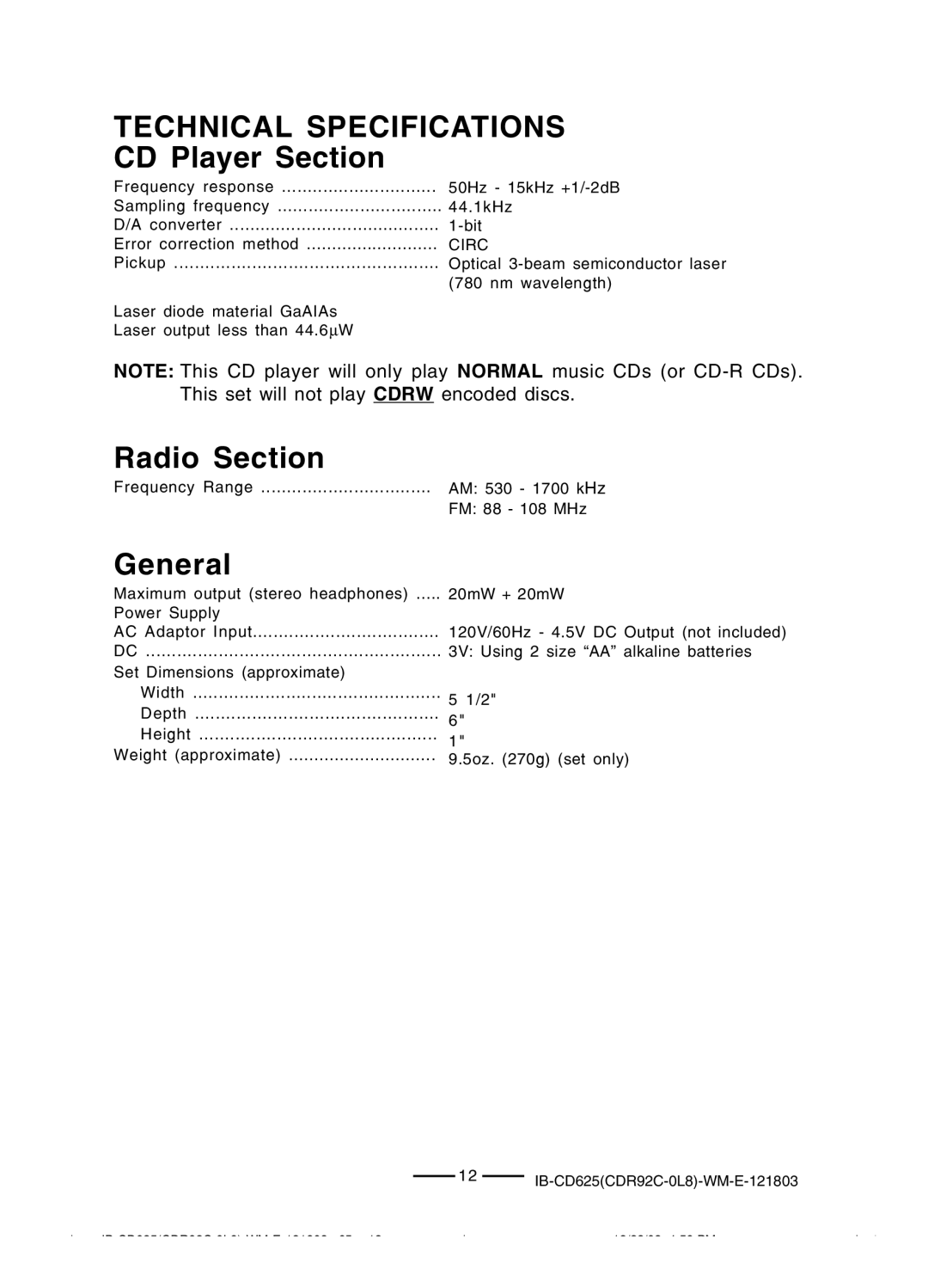 Lenoxx Electronics CD625 operating instructions Technical Specifications, CD Player Section 