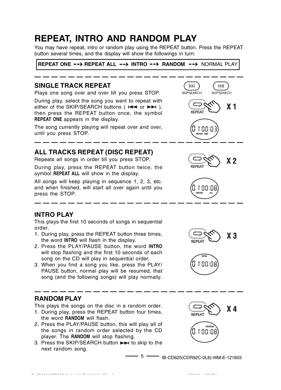 Lenoxx Electronics CD625 operating instructions REPEAT, Intro and Random Play, Single Track Repeat 