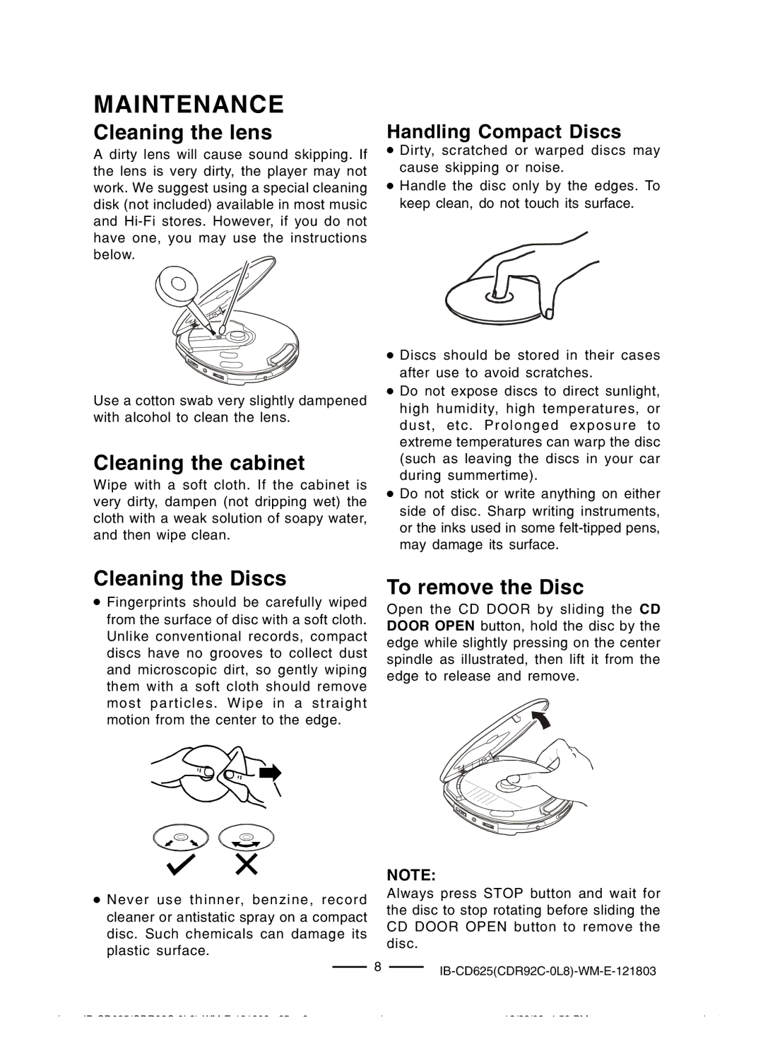 Lenoxx Electronics CD625 Maintenance, Cleaning the lens, Cleaning the cabinet, Cleaning the Discs, To remove the Disc 