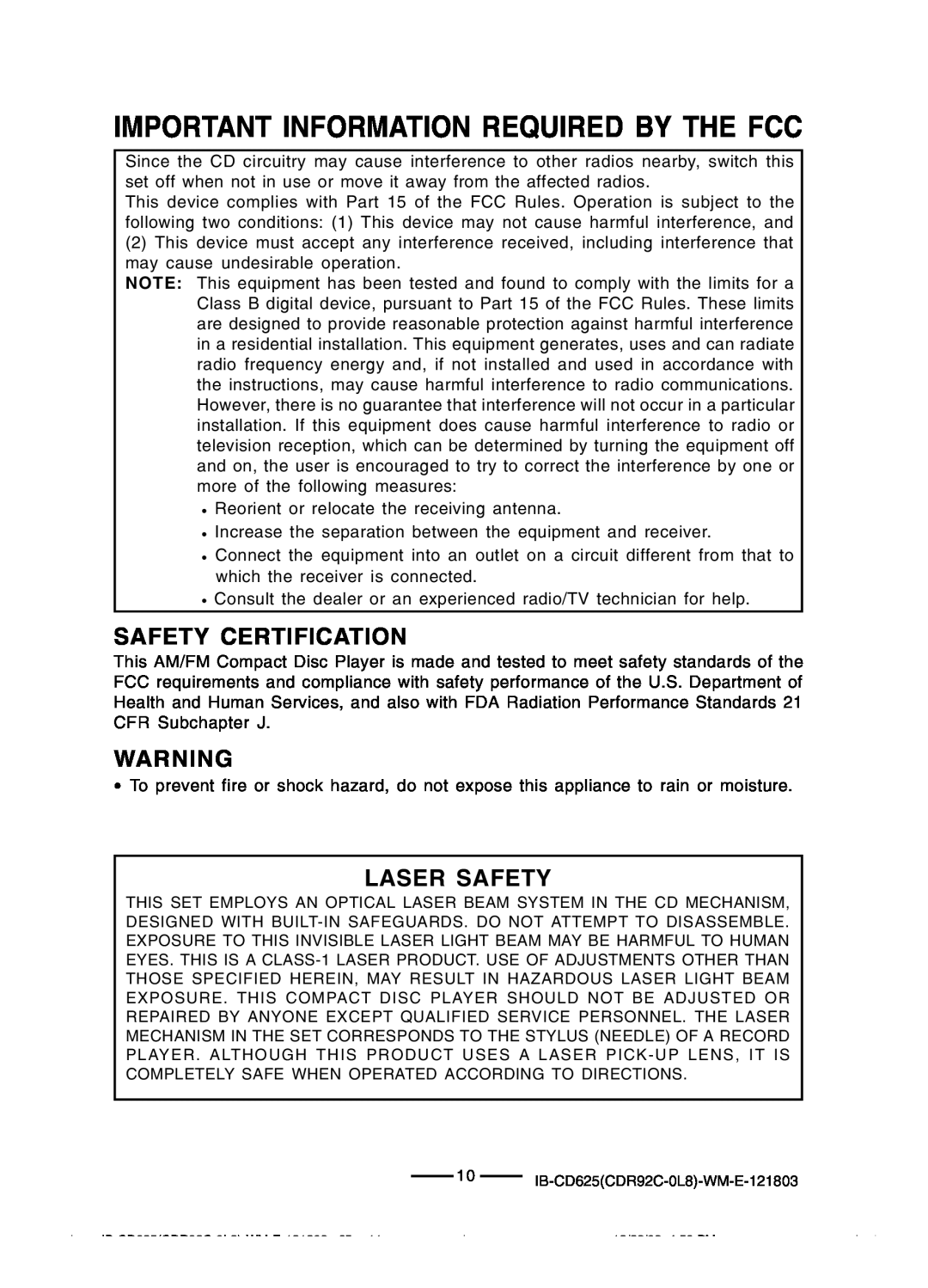 Lenoxx Electronics CD625 Important Information Required By The Fcc, Safety Certification, Laser Safety 
