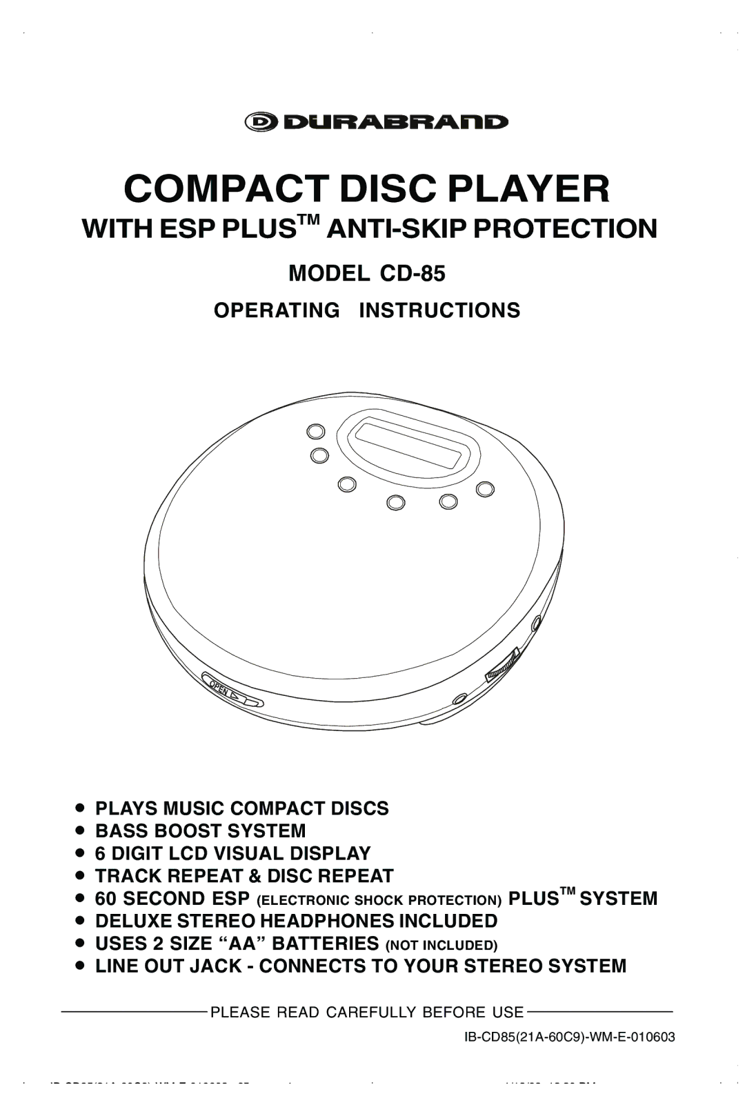 Lenoxx Electronics CD85 manual With ESP Plustm ANTI-SKIP Protection, Operating Instructions 