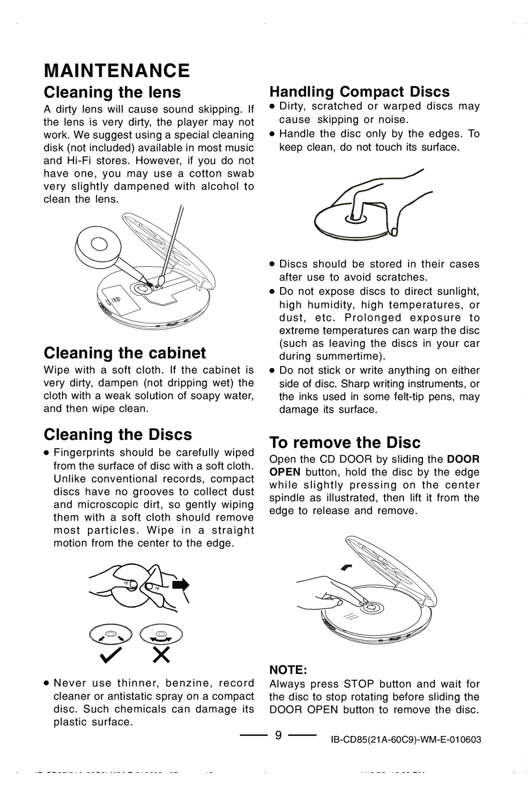 Lenoxx Electronics CD85 manual Maintenance, Cleaning the lens, Cleaning the cabinet, Cleaning the Discs, To remove the Disc 