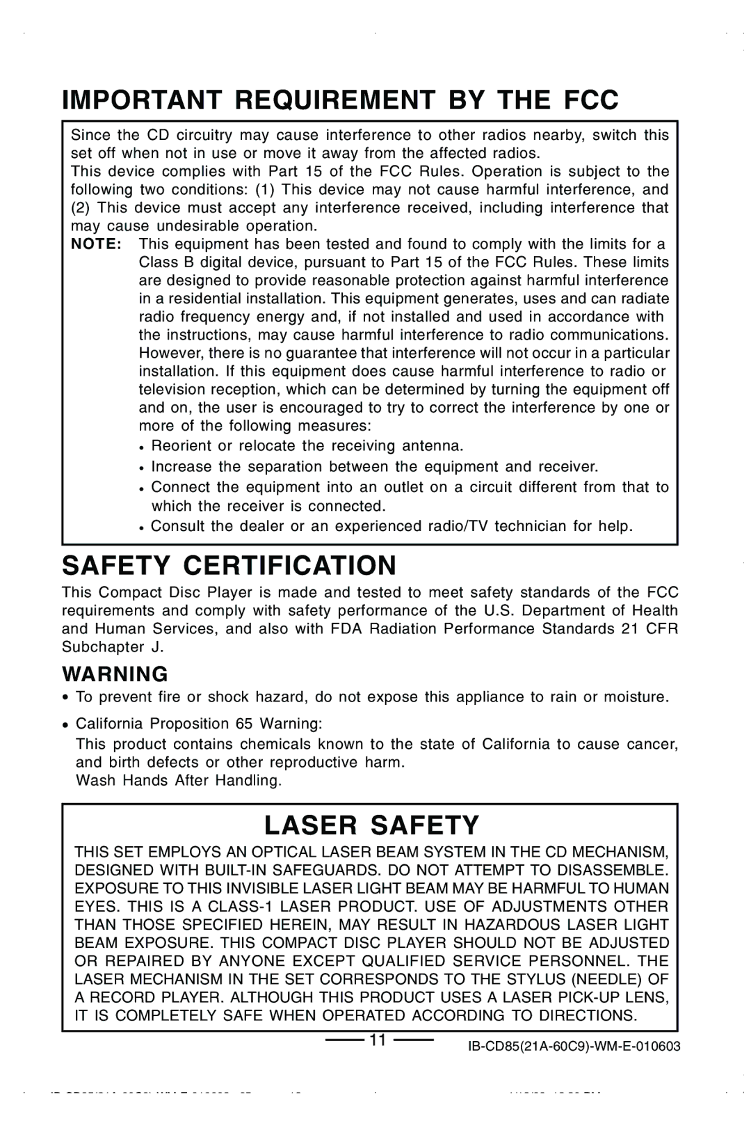 Lenoxx Electronics CD85 manual Important Requirement by the FCC, Safety Certification, Laser Safety 