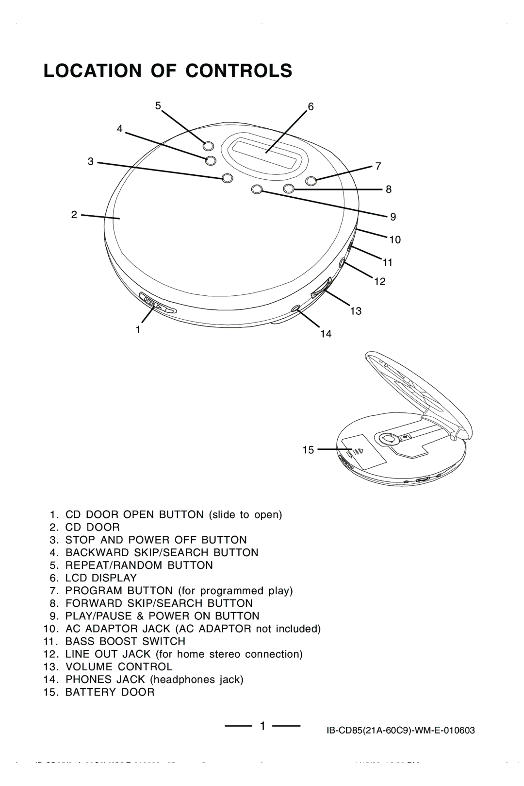 Lenoxx Electronics CD85 manual Location of Controls 