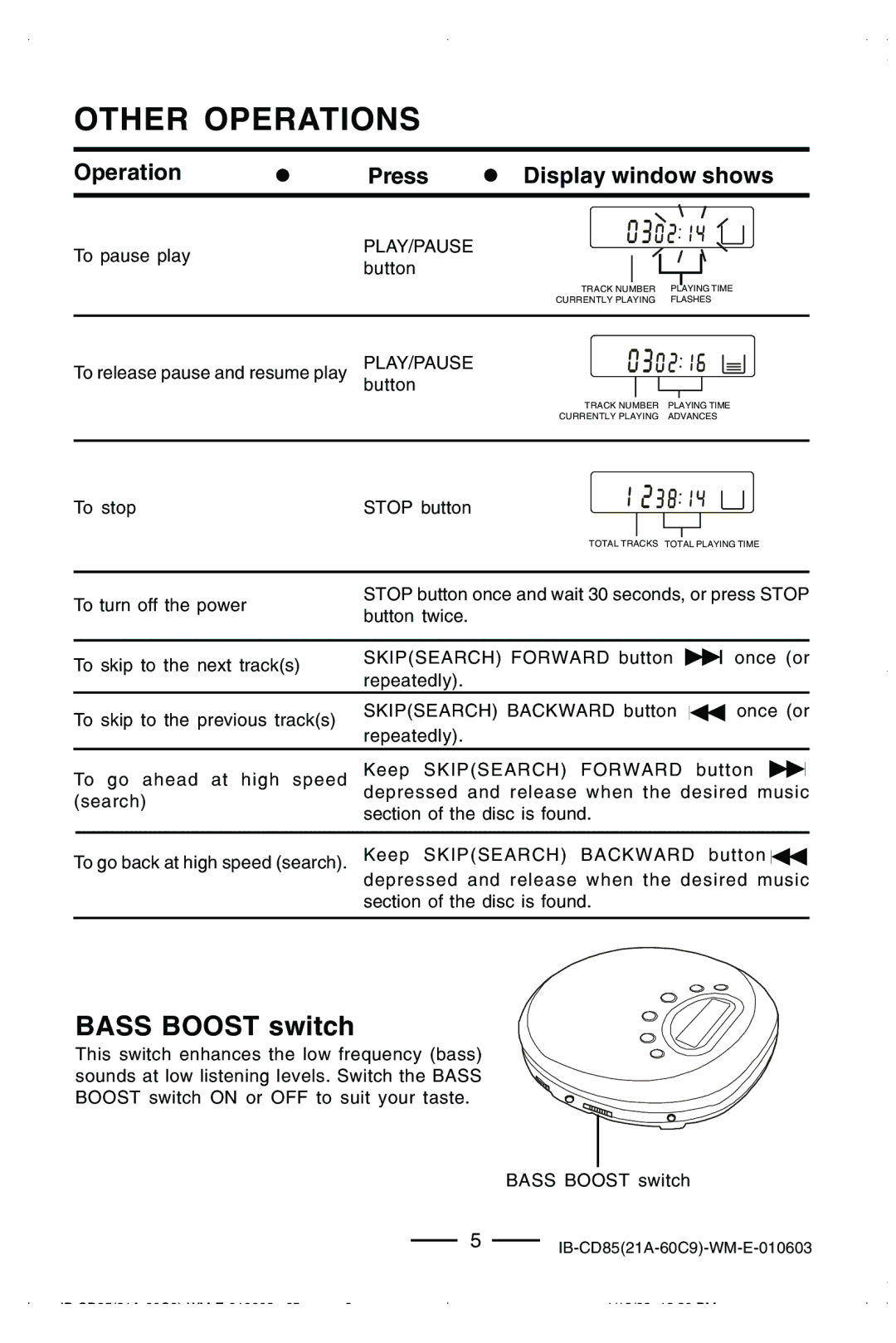 Lenoxx Electronics CD85 manual Other Operations, Bass Boost switch 