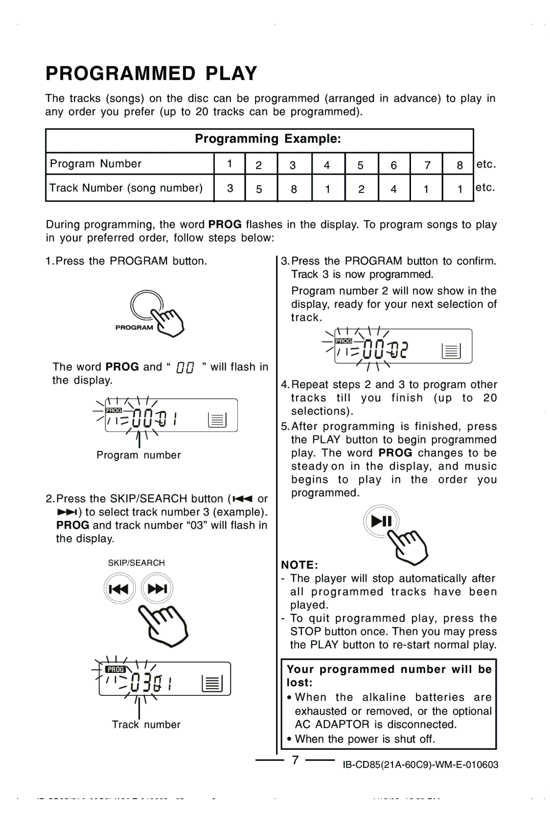 Lenoxx Electronics CD85 manual Programmed Play, Programming Example 