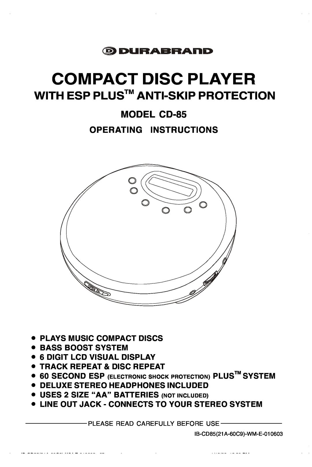 Lenoxx Electronics CD85 manual With Esp Plustm Anti-Skipprotection, MODEL CD-85, Operating Instructions 