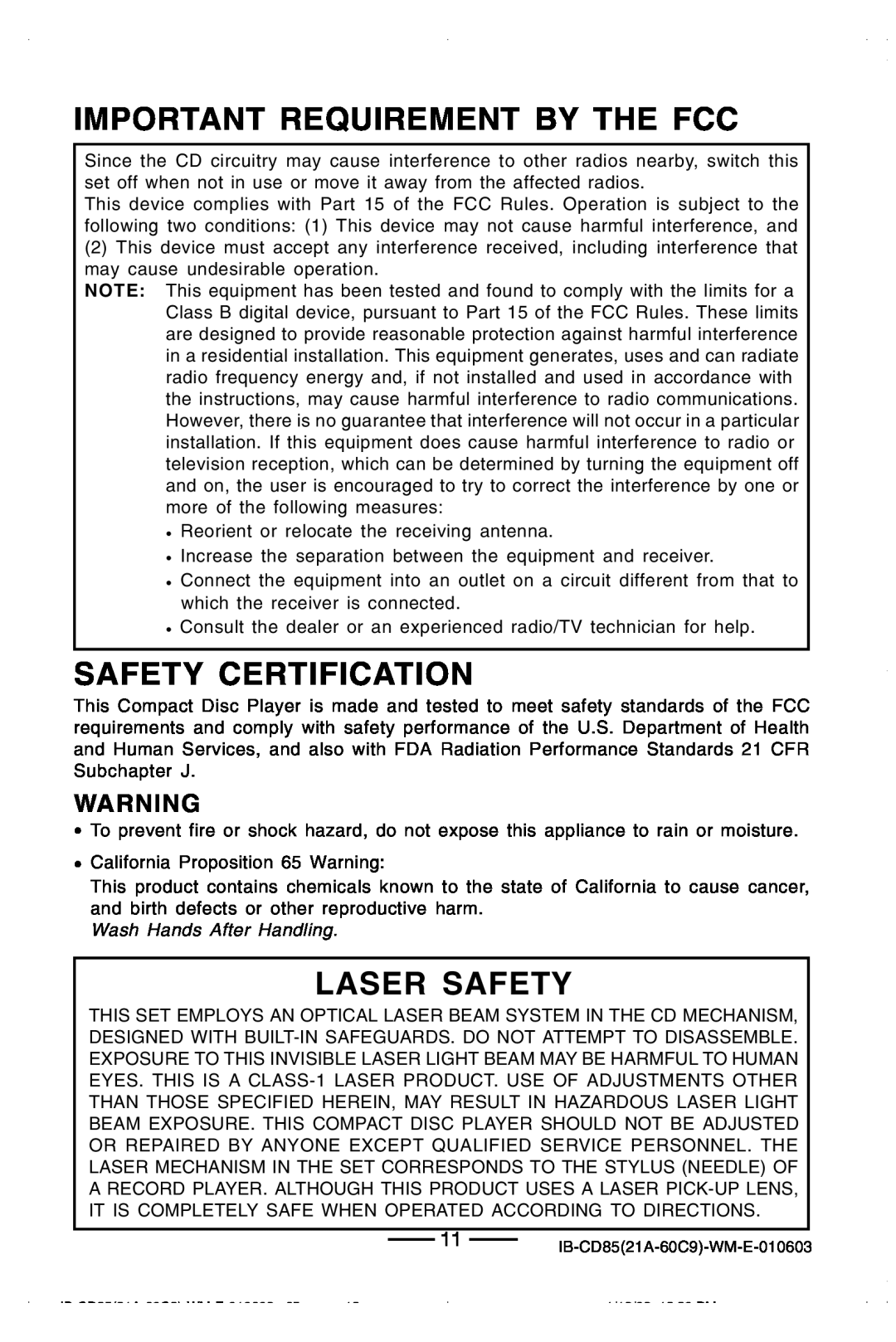 Lenoxx Electronics CD85 manual Important Requirement By The Fcc, Safety Certification, Laser Safety 